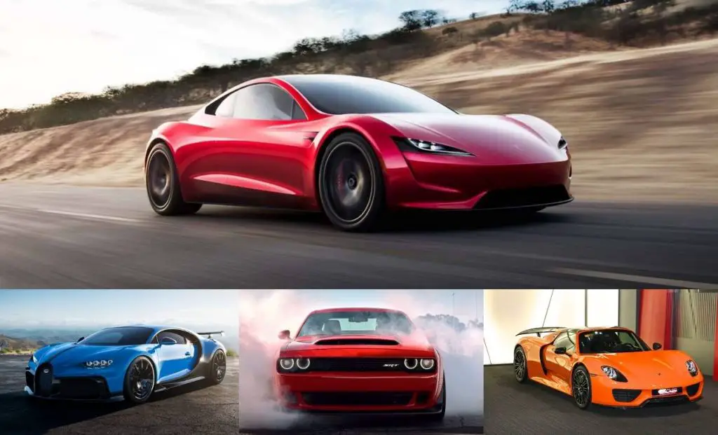 Tesla Roadster vs Bugatti Chiron, Porsche 918 Spyder, Dodge Demon