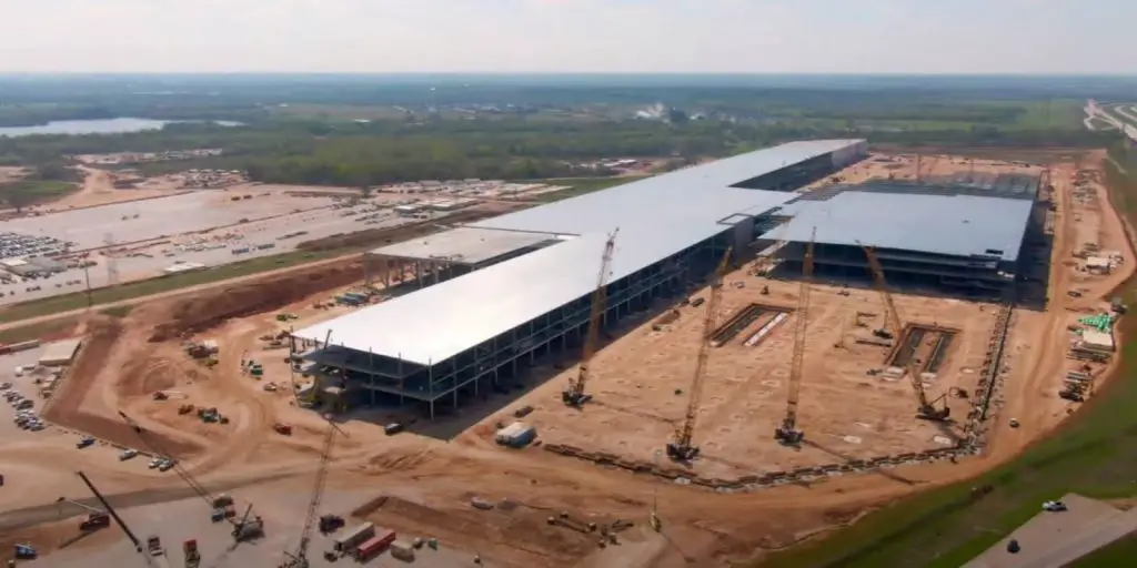 A drone shot of Tesla's Gigafactory in Austin, Texas