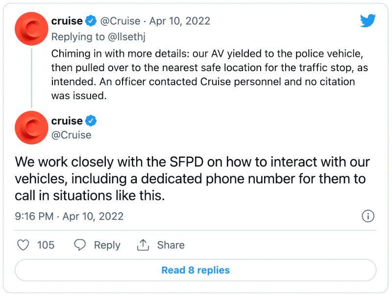 cruise respond to driverless autonomous car pulled over by San Francisco Police