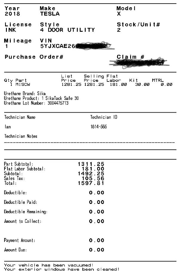 Tesla Windshield Cost Bill