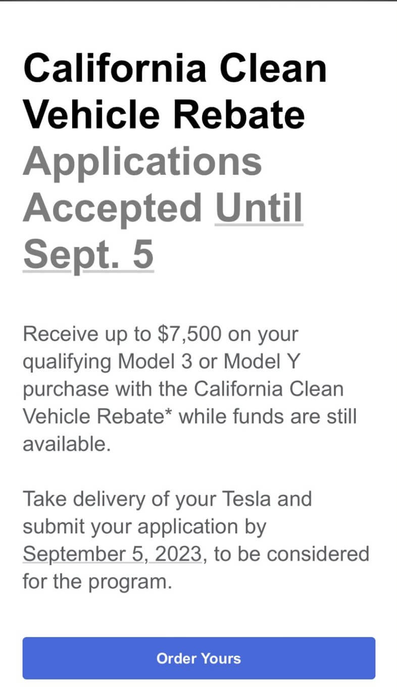 Tesla California Rebate Reminder